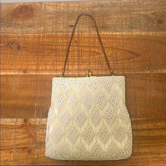 Handbags - Vintage Cream Beaded Mini Bag with Metal Chain